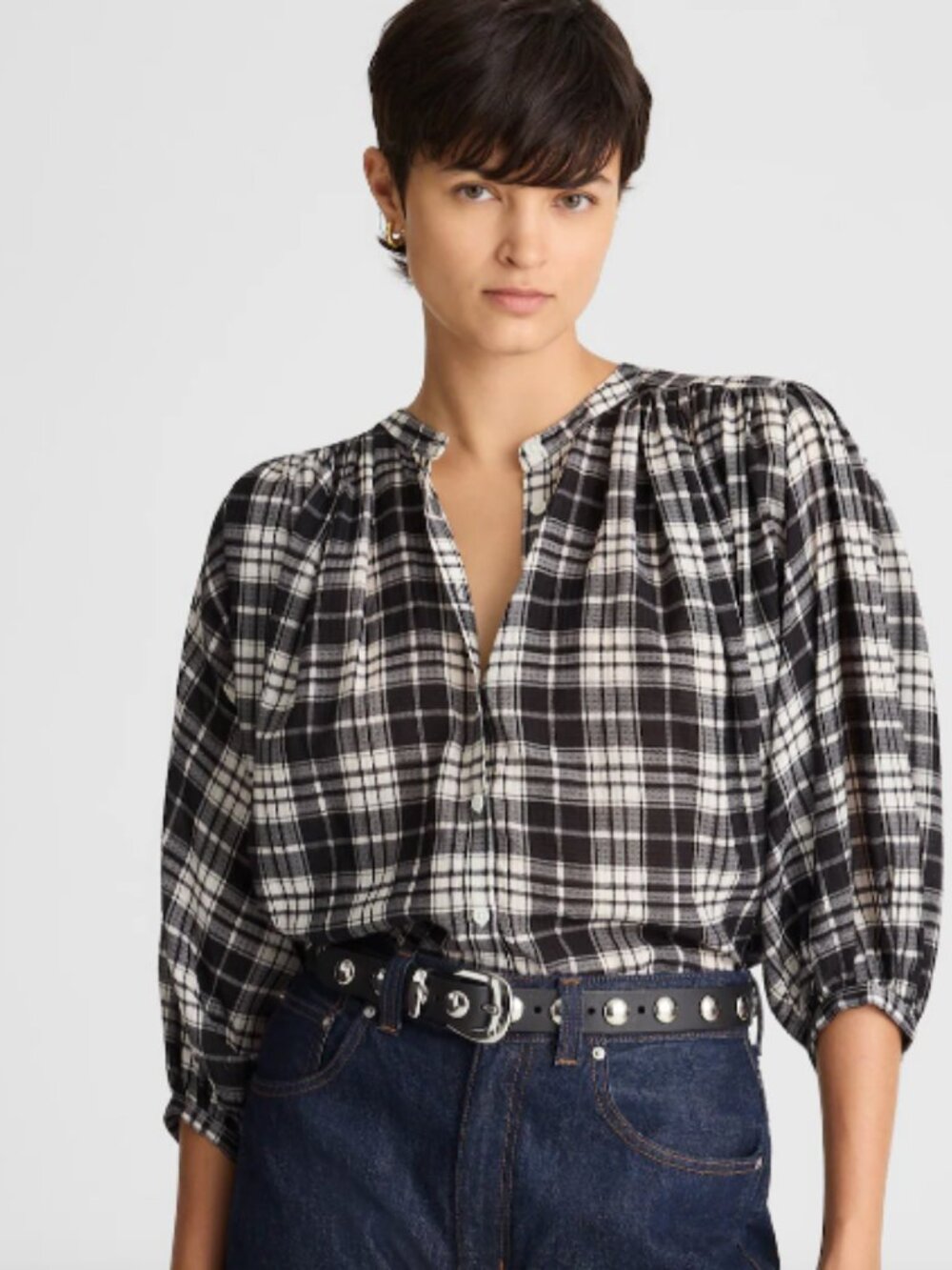 NWT Madewell Plaid Shirred Crewneck Button-Up Blouse (M)